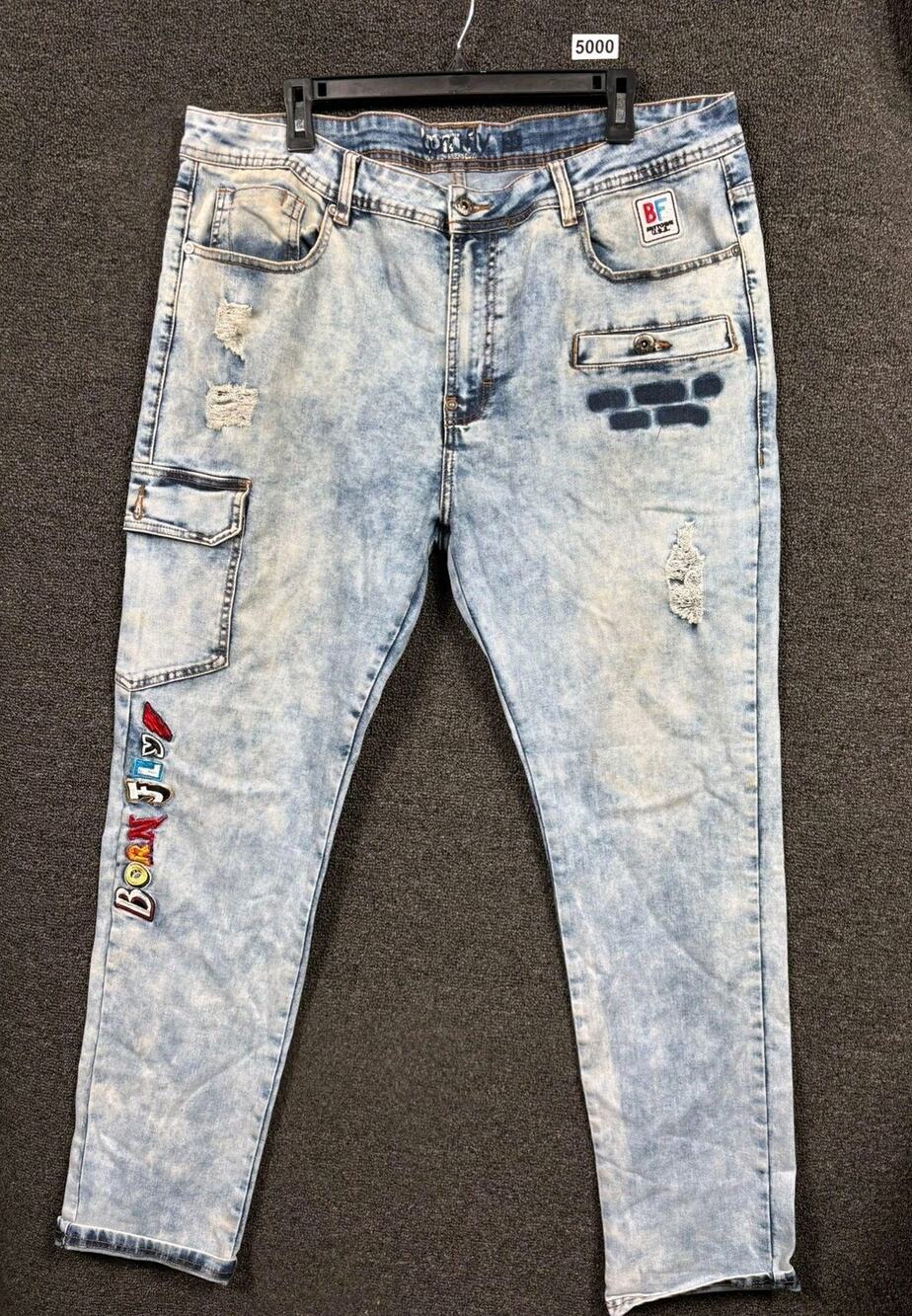 Born Fly Jeans Mens 38 Light Blue Acid Wash Distressed Cargo Pocket Stretch